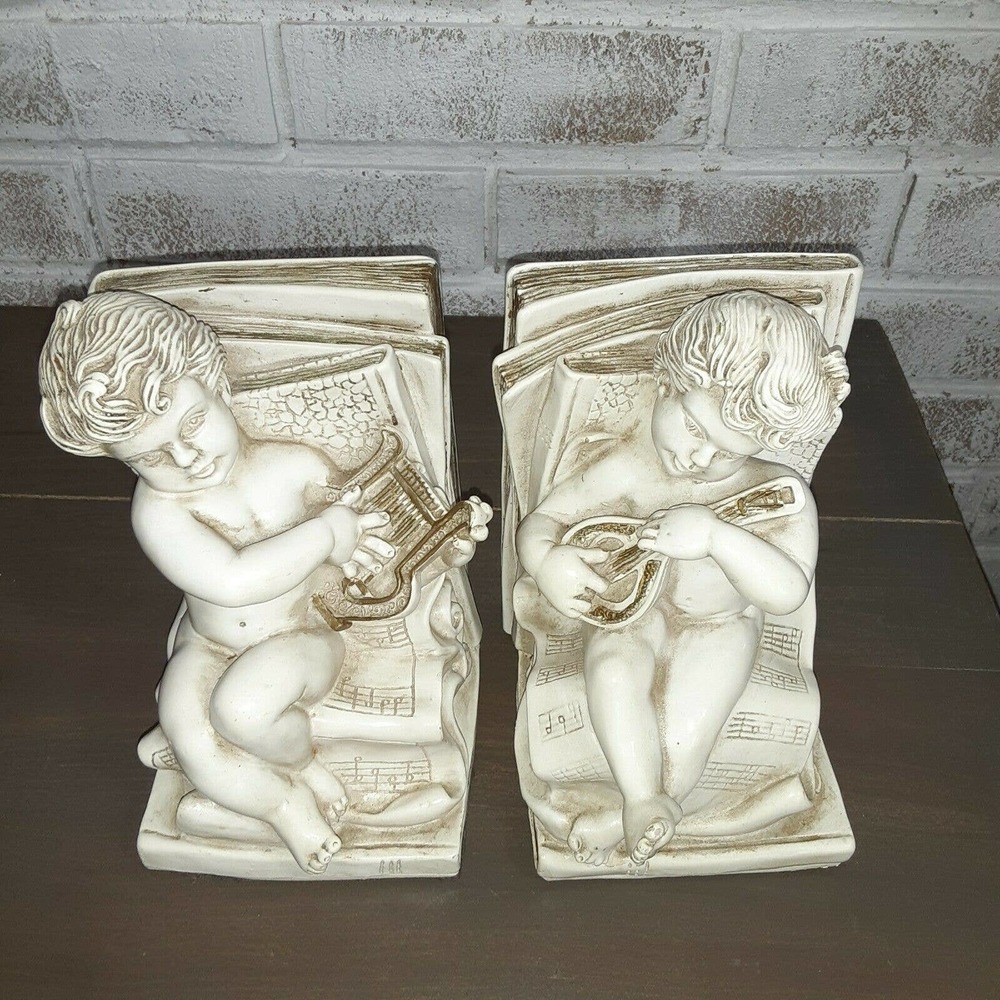Vintage 1965 Artist Signed Cherub Bookends Universal Statuary Corp, Chicago